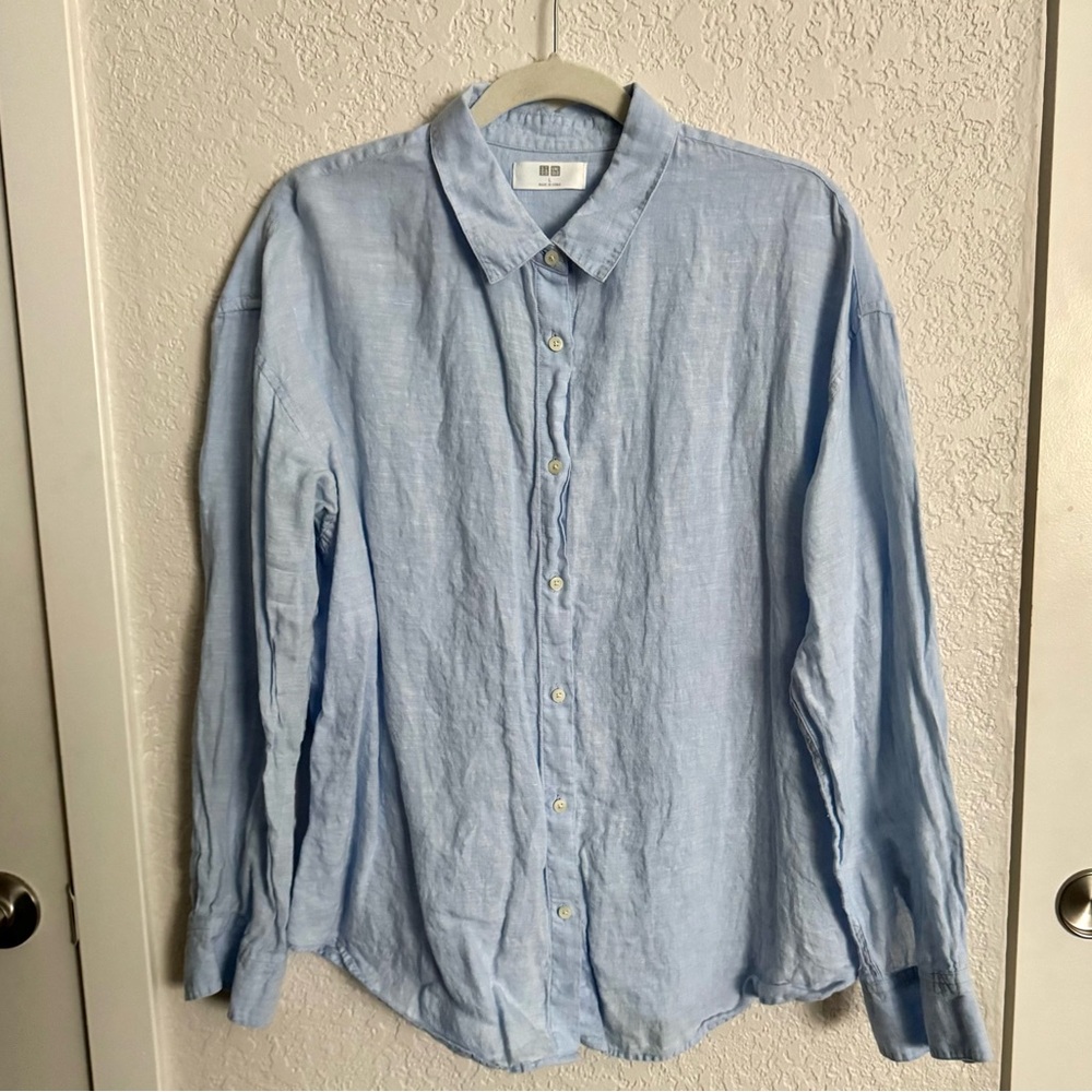 Uniqlo 100% Linen Blue Button Down Shirt Size L